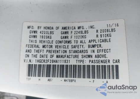 2017 Honda Accord Lx z USA, uszkodzony, nr VIN 1HGCR2F39HA111931